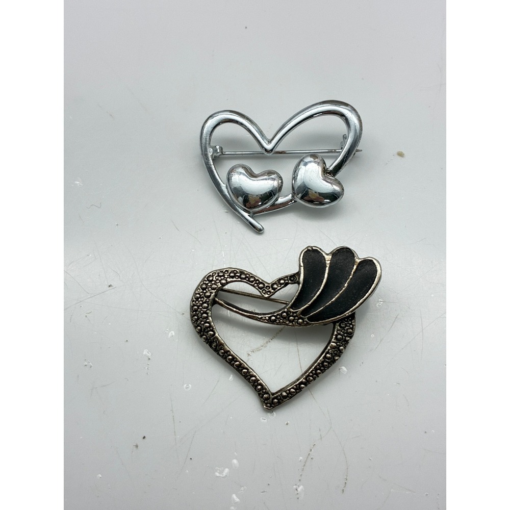 Vintage Heart Brooch Pin Lot of 2 Silver Tone Black Enamel